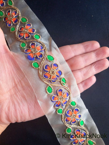 Wholesale Gold Sheer Tissue Fabric Trim With Hand Embroidered Blue, Orange, Green & Gold Flowers